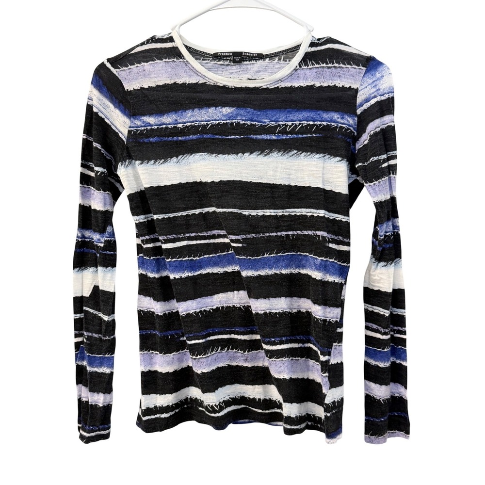 Proenza Schouler‎ Womens XS Black Blue Striped Long Sleeve Cotton Crew Neck Top
